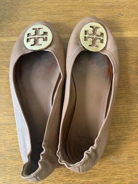 Tory Burch Tan Leather Logo Ballet Flats